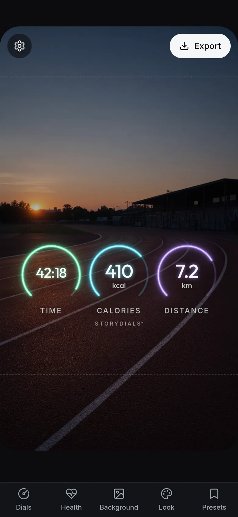 The Storydials editor showing time, calories and distance from a run as three glowing neon dials over a running track at sunset